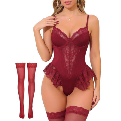 CHALOVELO Floral Underwire Ruffle Bodysuit