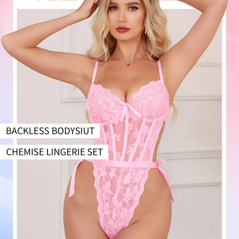 CHALOVELO Lace Kimono Robe and Bodysuit Set - front view