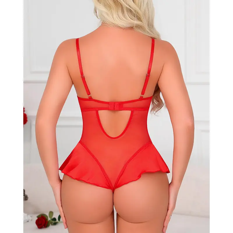 CHALOVELO Lace-Up Mesh Ruffle Bodysuit - back view