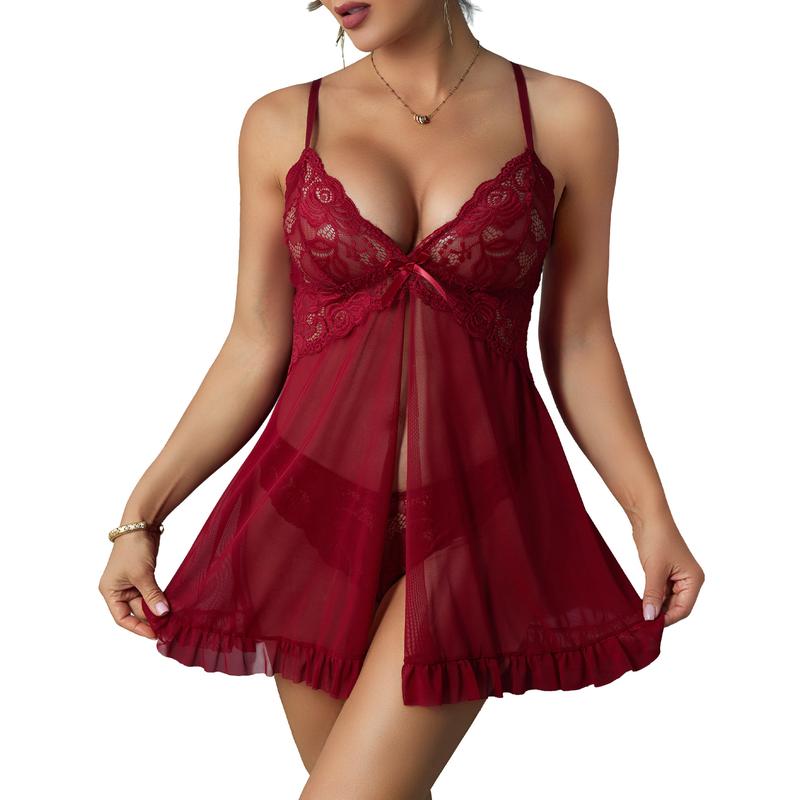 CHALOVELO Front-Split Ruffle Babydoll Set - color option