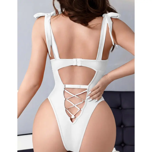 CHALOVELO Lace-Up Garter Teddy Bodysuit - back view